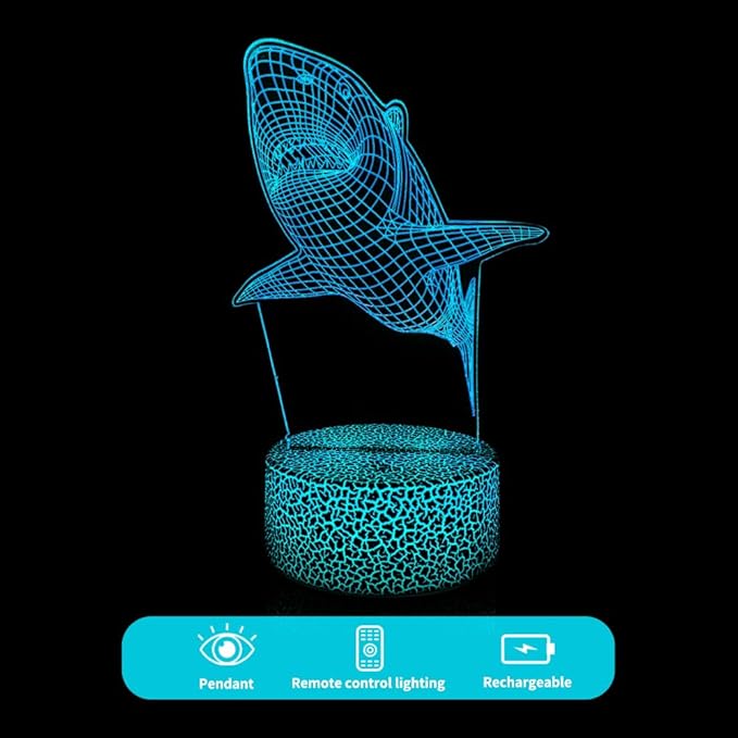 3D Night Light Shark Illusion Lamp with 16 Colors Remote Control Changing Lights LED Table Lamp Shark Lover for Bedroom Decor - LeafyLoom