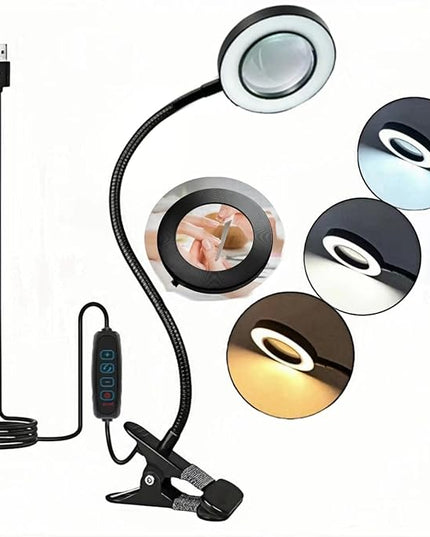 Magnifying Glass with Light and Stand 10X, Craft Lamp Adjustable Gooseneck Clip on Lamp 12W 3 Colors Dimmable LED Desk Lamp Lighted magnifying glass for Working,Studying Crafting Professionals - LeafyLoom