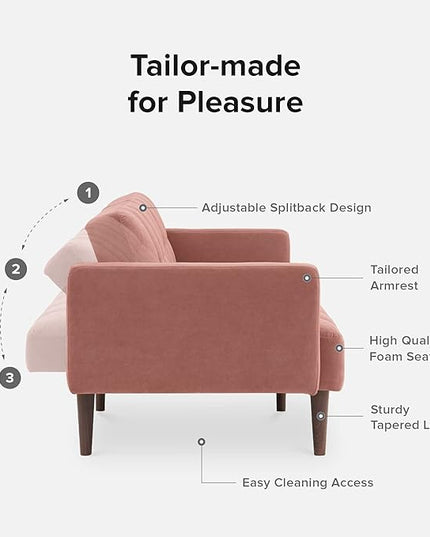 mopio Aaron Couch, Small Sofa, Futon, Sofa Bed, Sleeper Sofa, Loveseat, Mid Century Modern Futon Couch, Sofa Cama, Couches for Living Room, Bedroom (Old Rosa, Velvet) - LeafyLoom
