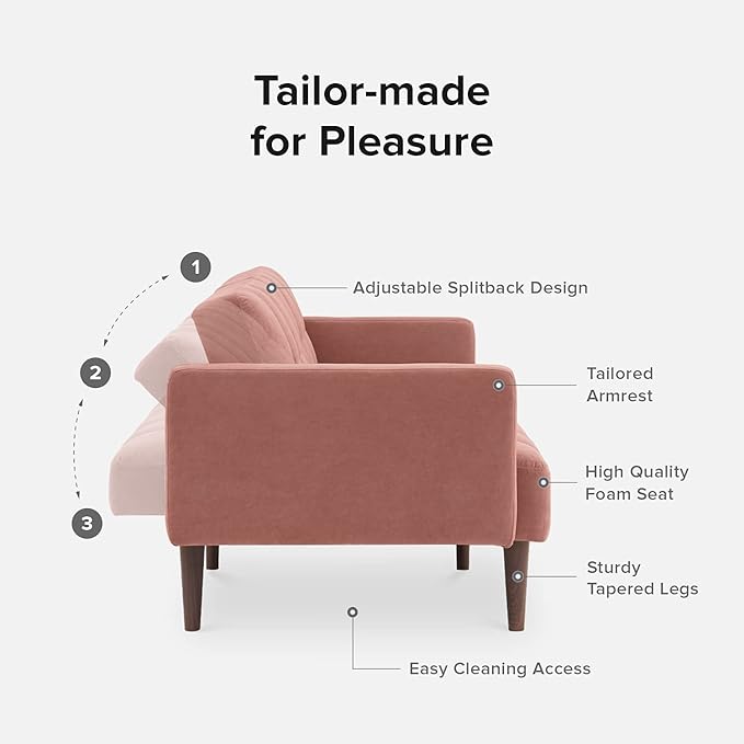 mopio Aaron Couch, Small Sofa, Futon, Sofa Bed, Sleeper Sofa, Loveseat, Mid Century Modern Futon Couch, Sofa Cama, Couches for Living Room, Bedroom (Old Rosa, Velvet) - LeafyLoom