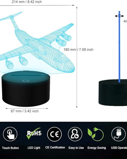 Airplane Night Light 3D Plane Illusion Lamp 7 Color Changing Touch Control with USB Cable LED Fighter Toy Table Desk Decor Lamps for Men Boys Kids Christmas Birthday Gifts - LeafyLoom