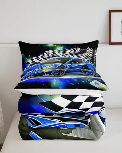 Feelyou Blue Racing Car Comforter Set Queen Size, Fast and Furious Extreme Sport Games Bedding Sets for Kids Boys Teens,Sports Car Bed in A Bag,Cool Modern Duvet Insert with 2 Pillowcases - LeafyLoom