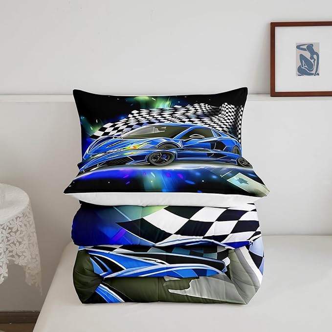 Feelyou Blue Racing Car Comforter Set Queen Size, Fast and Furious Extreme Sport Games Bedding Sets for Kids Boys Teens,Sports Car Bed in A Bag,Cool Modern Duvet Insert with 2 Pillowcases - LeafyLoom