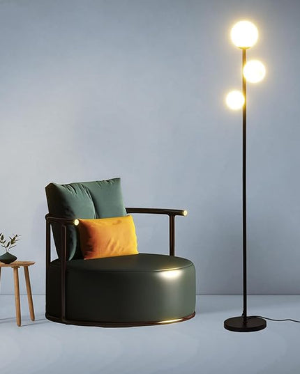 3 Globe Mid Century Floor Lamp, 3 Lights Black Floor Lamp for Living Room LED Bulbs Included with Warm Lighting, Modern Standing lamp Farmhouse Retro Home Decor for Bedrooms Office - Matte Black - LeafyLoom