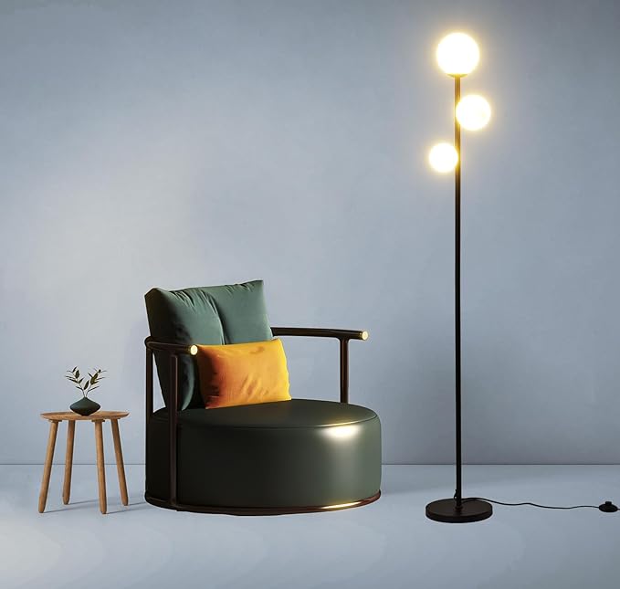3 Globe Mid Century Floor Lamp, 3 Lights Black Floor Lamp for Living Room LED Bulbs Included with Warm Lighting, Modern Standing lamp Farmhouse Retro Home Decor for Bedrooms Office - Matte Black - LeafyLoom