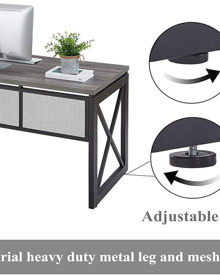 BON AUGURE Industrial Computer Desk, Rustic Wood Desk for Home Office, Sturdy Metal Writing Work Desk (60 Inch, Dark Grey Oak) - LeafyLoom
