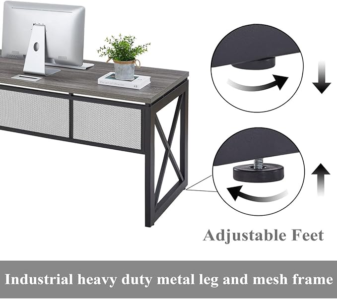 BON AUGURE Industrial Computer Desk, Rustic Wood Desk for Home Office, Sturdy Metal Writing Work Desk (60 Inch, Dark Grey Oak) - LeafyLoom