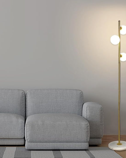 3-Globe Mid Century Floor Lamp for Living Room, Modern Dimmable Tall Standing Lamp with Frosted Glass Shades, Contemporary Gold Pole Lamp for Bedroom Office （Bulbs Included） - LeafyLoom