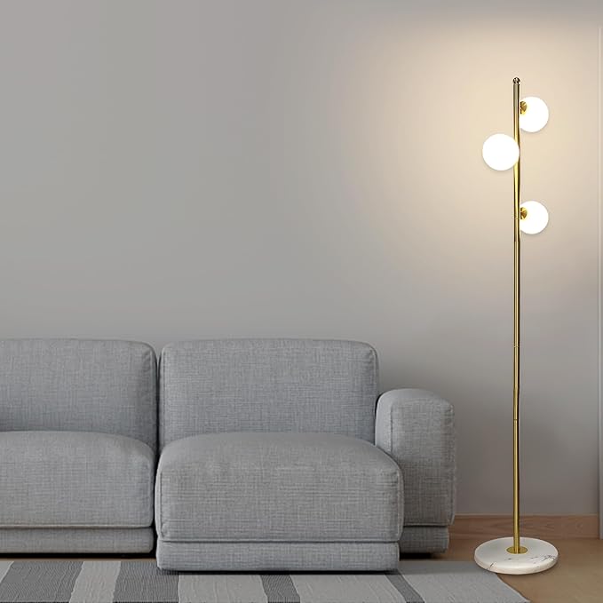 3-Globe Mid Century Floor Lamp for Living Room, Modern Dimmable Tall Standing Lamp with Frosted Glass Shades, Contemporary Gold Pole Lamp for Bedroom Office （Bulbs Included） - LeafyLoom