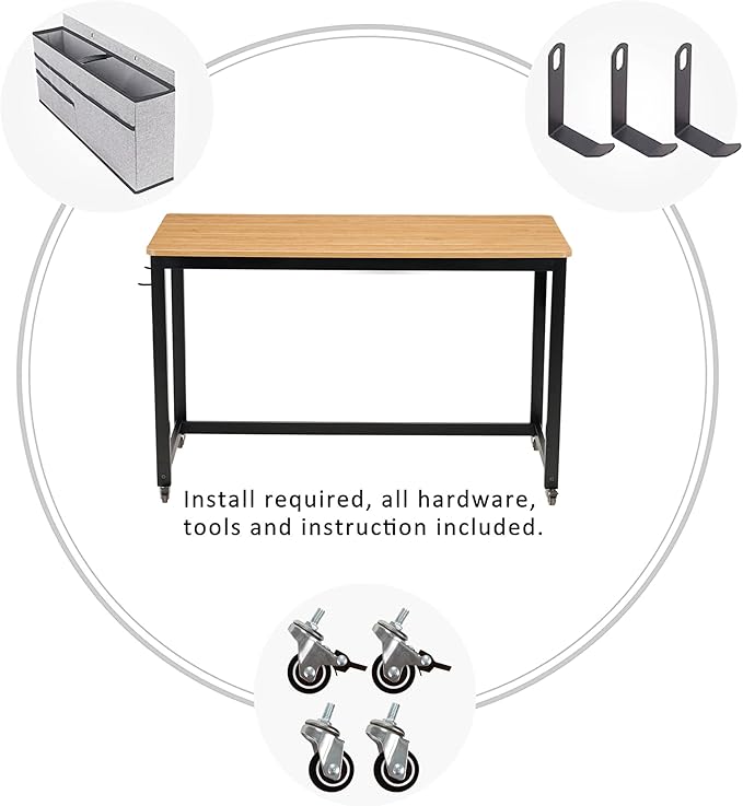 AHB 55" Rolling Computer Desk with 4 Smooth Wheels, Simple Style Mobile Writing Desk Home Office Study Table Movable Workstation with Metal Frame - LeafyLoom