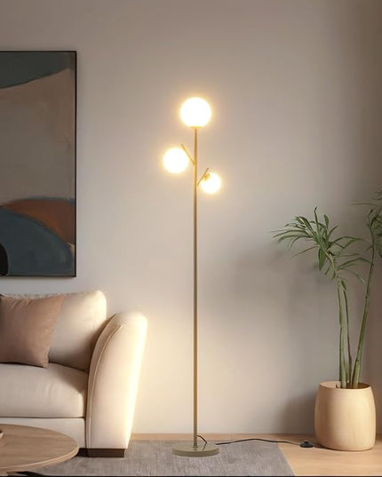 3 Globe Mid Modern Floor Lamp with Orb Frosted Glass Globe and 3000K Warm Light LED Bulbs, Cute Standing Tree Lamp for Living Room, Bedroom, Home & Office - Grey - LeafyLoom