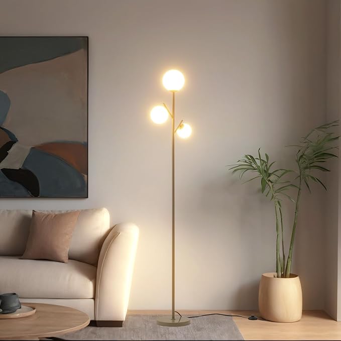 3 Globe Mid Modern Floor Lamp with Orb Frosted Glass Globe and 3000K Warm Light LED Bulbs, Cute Standing Tree Lamp for Living Room, Bedroom, Home & Office - Grey - LeafyLoom