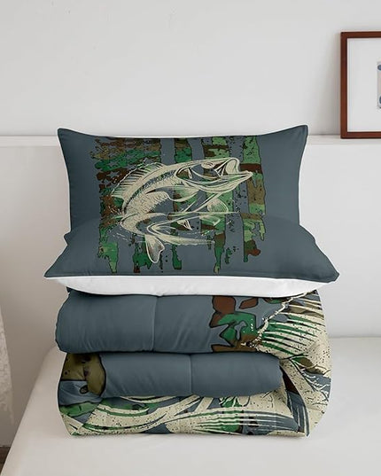 Feelyou Bass Fish Comforter Set King Size Green Camouflage Bedding Set for Fishing Lover Gifts Boys Girls Camo Pike Fish Fishing Comforter Wild Fisherman Bed Set Rustic Cabin Bedroom Decor - LeafyLoom