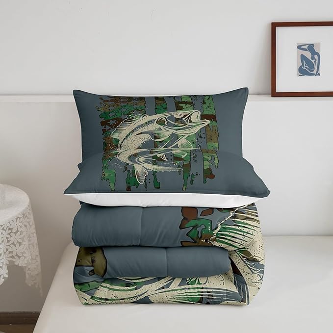 Bass Fish Comforter Set Full Size Green Camouflage Bedding Set for Fishing Lover Gifts Boys Girls Camo Pike Fish Fishing Comforter Wild Fisherman Bed Set Rustic Cabin Bedroom Decor - LeafyLoom