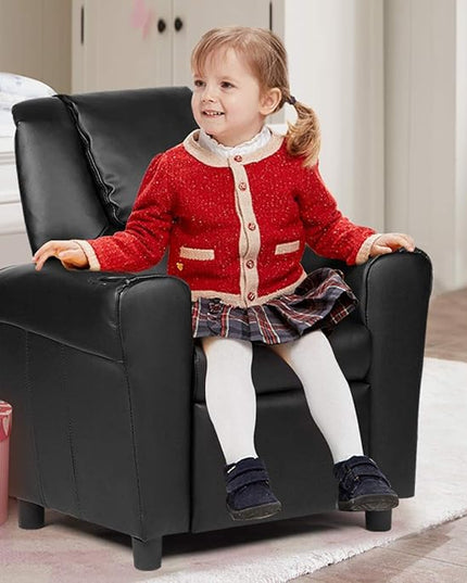 ARLIME Kids Recliner chair, toddler Armchair Upholstered Couch with Cup Holder, Backrest, baby Leather sofa with Headrest and Footrest, Child Furniture for Ages 2-7 (Black) - LeafyLoom