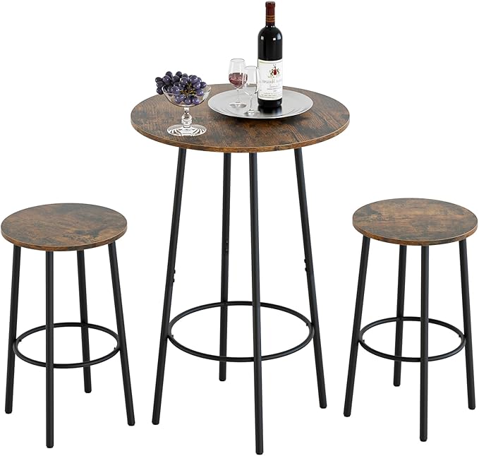3 Piece Bar Table Set, Round Bar Table and Chairs Set of 2, Pub Dining Table Set Counter Height, Bar Stool Table for Breakfast Nook, Dinning Room, Living Room, Rustic Brown(23.6") - LeafyLoom