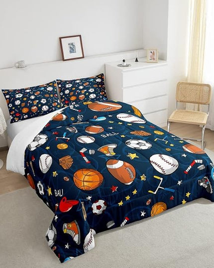 Feelyou Sports Theme Comforter Set 3D Blue Ball Bedding Set Baseball Football Basketball Comforter for Children Kids Boys Girls Microfiber Competitive Games Duvet Set Room Decor Quilt Set Full Size - LeafyLoom