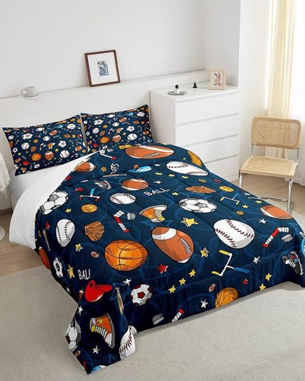 Feelyou Sports Theme Comforter Set 3D Blue Ball Bedding Set Baseball Football Basketball Comforter for Children Kids Boys Girls Microfiber Competitive Games Duvet Set Room Decor Quilt Set Queen Size - LeafyLoom