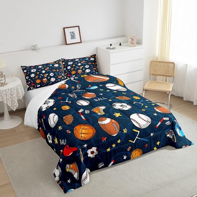 Feelyou Sports Theme Comforter Set 3D Blue Ball Bedding Set Baseball Football Basketball Comforter for Children Kids Boys Girls Microfiber Competitive Games Duvet Set Room Decor Quilt Set Queen Size - LeafyLoom
