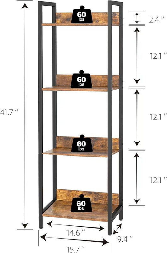 4-Tier Bookshelf, Narrow Bookcase with Open Shelves, Short Book Shelf Coner Shelf for Living Room, Bedroom, Home Office, Study, Bathroom,9.4 x 15.7 x 41.7 Inches, Rustic Brown and Black - LeafyLoom