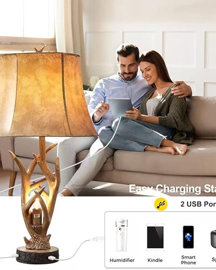 Dungoo Rustic Western Deer Table Lamps with Nightlight Set of 2, 26" Rustic Bedside Lamps for Bedroom with 2 USB Ports, Natural Antler Table Lamp for Christmas Living Room Gift Foyer Office - LeafyLoom
