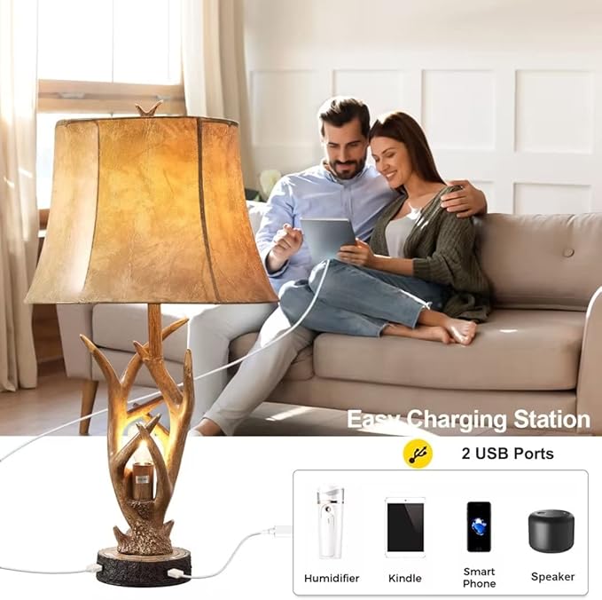 Dungoo Rustic Western Deer Table Lamps with Nightlight Set of 2, 26" Rustic Bedside Lamps for Bedroom with 2 USB Ports, Natural Antler Table Lamp for Christmas Living Room Gift Foyer Office - LeafyLoom