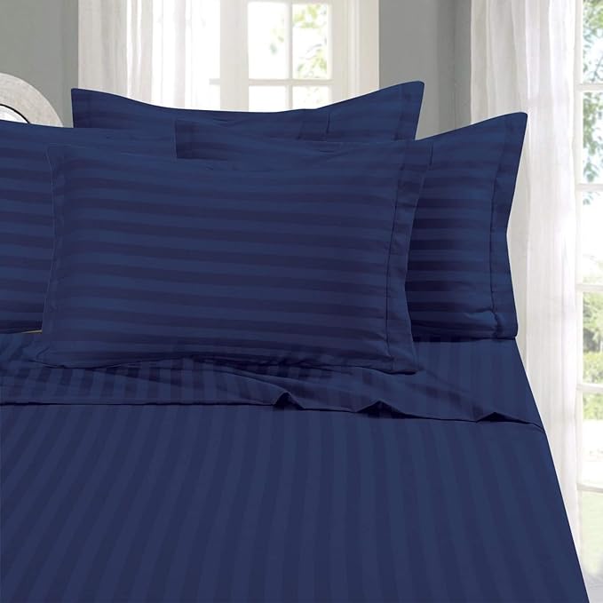 Elegant Comfort Best, Softest, Coziest 6-Piece Sheet Sets! - 1500 Premier Hotel Quality Luxurious Wrinkle Resistant 6-Piece DAMASK STRIPE Bed Sheet Set, Queen Navy Blue - LeafyLoom
