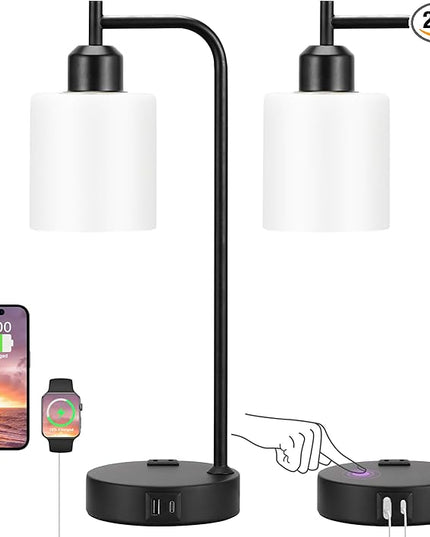 Industrial Touch Bedside Lamps for Bedrooms Set of 2 - 3-Way Dimmable Nightstand Lamps with USB C+A Ports and Outlet, Table Lamps with Opal Glass Shade for Living Room, Desk Lamps for Home Office - LeafyLoom