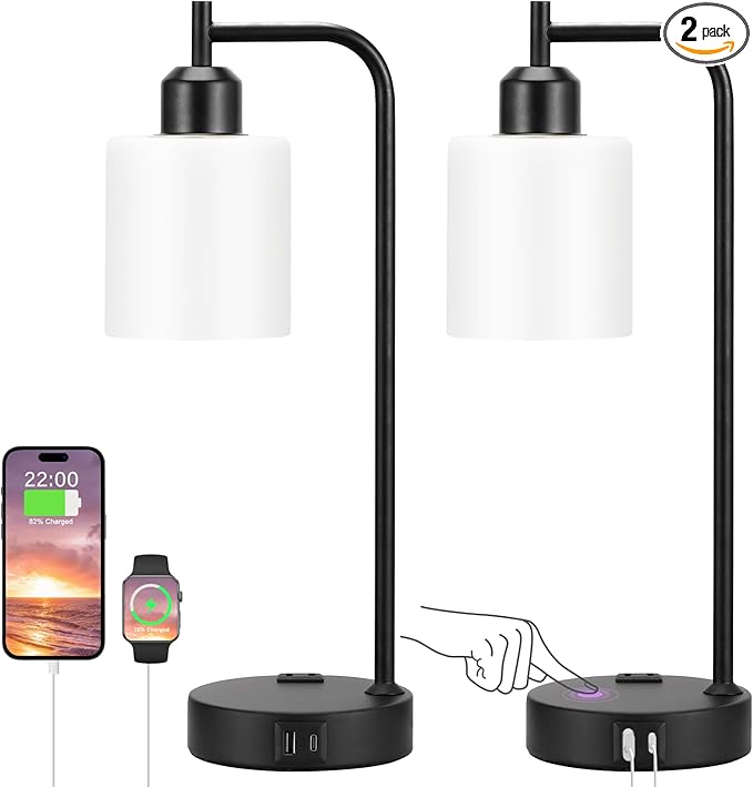 Industrial Touch Bedside Lamps for Bedrooms Set of 2 - 3-Way Dimmable Nightstand Lamps with USB C+A Ports and Outlet, Table Lamps with Opal Glass Shade for Living Room, Desk Lamps for Home Office - LeafyLoom