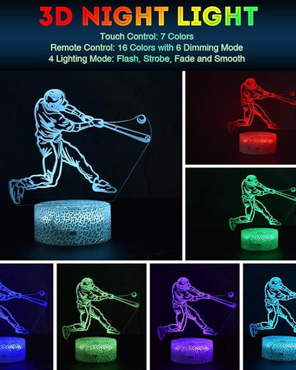 LETOUR Night Light for Kids Baseball 3D Night Light Porpoise Illusion Lamp with Remote Control 16 Color Changing Xmas Halloween Birthday Gift for Child Baby Boy (Remote - Ice Crack Base) - LeafyLoom