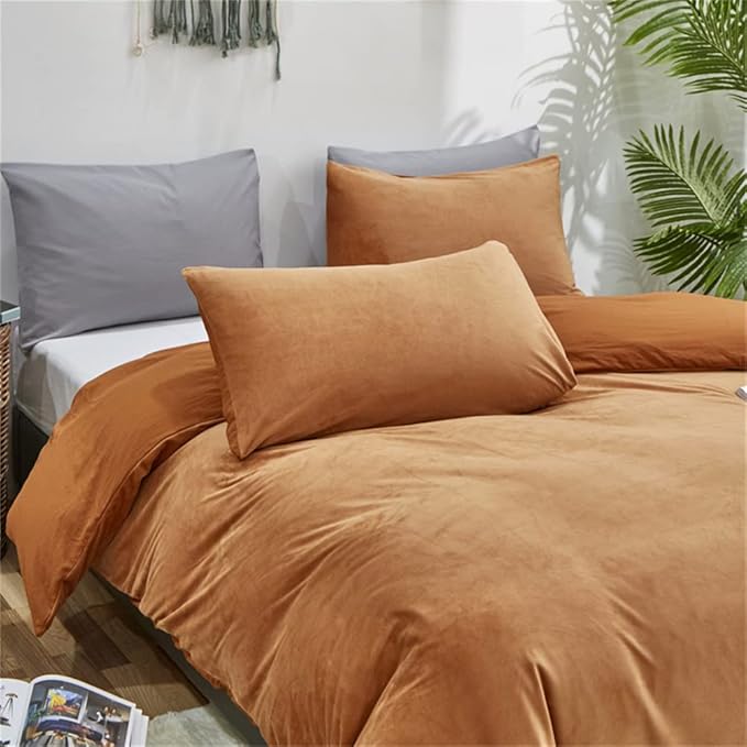 Wellboo Velvet King Size Comforter Set Pumpkin Fluffy Bedding Set for Women Girls Burnt Orange Plush Bedding Comforters Solid Terracotta Flannel Quilt Soft Rust Pumpkin Fuzzy Blanket Sherpa Shaggy Bed - LeafyLoom