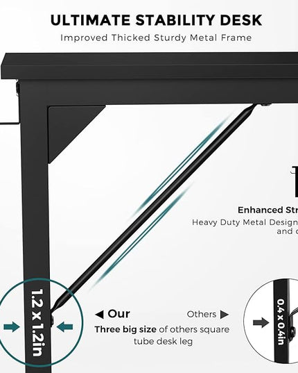 JHK Computer Desk Office 55 Inch Writing Work Kids Study Simple Wooden Table for Home Bedroom Modern Style with Headphone Hooks & Storage Bag, Black - LeafyLoom