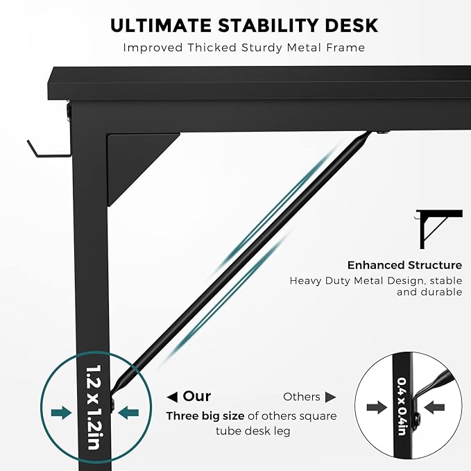 JHK Computer Desk Office 55 Inch Writing Work Kids Study Simple Wooden Table for Home Bedroom Modern Style with Headphone Hooks & Storage Bag, Black - LeafyLoom