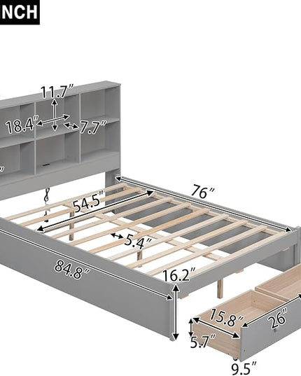 Full Size Platform Bed with Storage Headboard Bookcase, 2 Drawers Underneath and Charging Station, for Bedroom/Guest Room, Gray - LeafyLoom