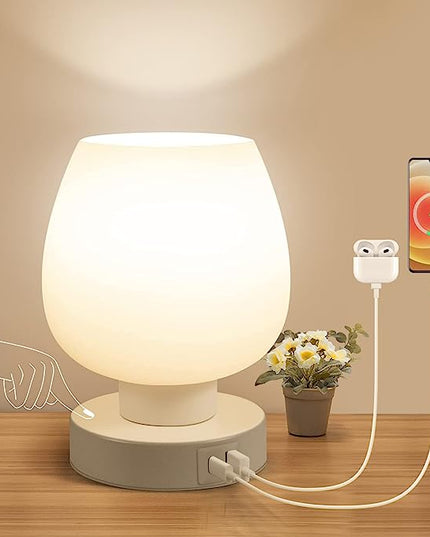 Touch Bedside Table Lamp - Small Lamp for Bedroom with USB C+A Charging Ports 3 Way Dimmable, Nightstand Desk lamp with White Opal Glass Lamp Shade Warm LED Bulb Included, Simple Design Gifts - LeafyLoom