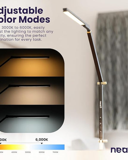 Neatfi LED Desk Lamp with Clamp, Touch & Remote Controlled, Stepless Dimming, 3 Color Modes, 3000-6000K, Detachable Shade, Flicker-Free, 360° Rotation, Wide Angle Lighting (Modern, Black) - LeafyLoom