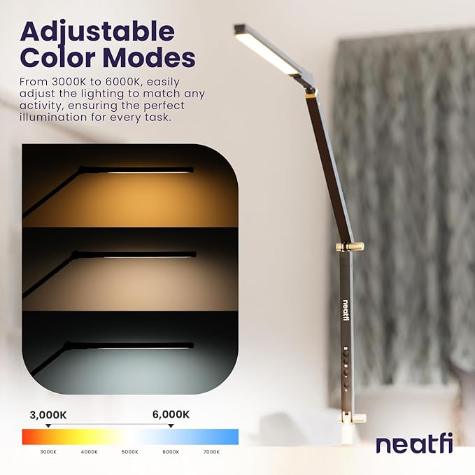 Neatfi LED Desk Lamp with Clamp, Touch & Remote Controlled, Stepless Dimming, 3 Color Modes, 3000-6000K, Detachable Shade, Flicker-Free, 360° Rotation, Wide Angle Lighting (Modern, Black) - LeafyLoom