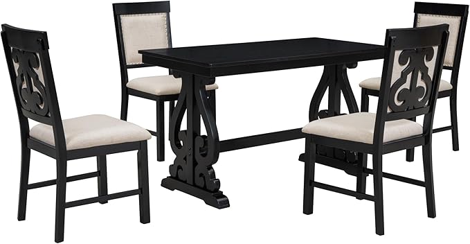 5-Piece Retro Dining Set with Rectangular Symmetrical Arc Pattern Design Wooden Table and 4 Upholstered Chairs, Kitchen Dinette Furniture for Living Room, Home Bar, Black+Beige-1 - LeafyLoom
