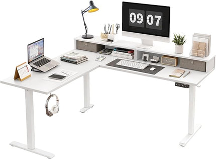 L shaped Electric Standing Desk with 2 Drawers, 63 Inch Ergonomic Adjustable Height Desk with Storage, Corner Desk Sit Stand up Computer Table for Work Office Home, White - LeafyLoom