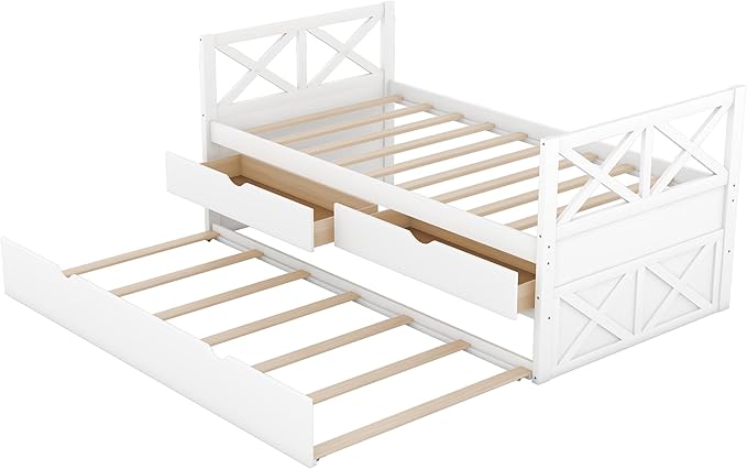 Twin Daybed with Storage Drawers and Trundle Bed, Wood Twin Size Captain’s Bed Frame for Bedroom Living Room Guest Room, White - LeafyLoom