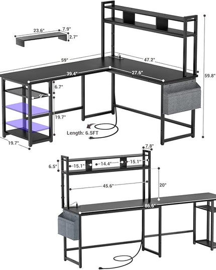 Aheaplus L Shaped Desk with Power Outlet & LED Strip, Reversible L-Shaped Corner Computer Desks Gaming Desk with Storage Shelf & Monitor Stand, Modern 2 Person Home Office Desk, Writing Desk, Black - LeafyLoom