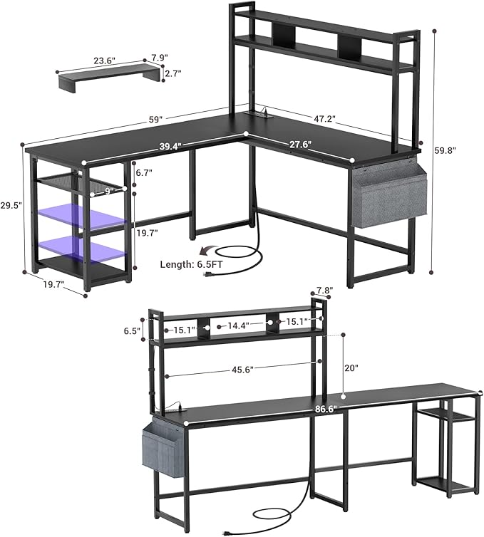 Aheaplus L Shaped Desk with Power Outlet & LED Strip, Reversible L-Shaped Corner Computer Desks Gaming Desk with Storage Shelf & Monitor Stand, Modern 2 Person Home Office Desk, Writing Desk, Black - LeafyLoom