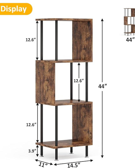 4 Tier Modern Bookshelf, S-Shaped Bookcase,Small Book Shelf for Small Spaces, Unique Bookshelf for Storage Organizer Living Room Bedroom Home Office, Brown - LeafyLoom