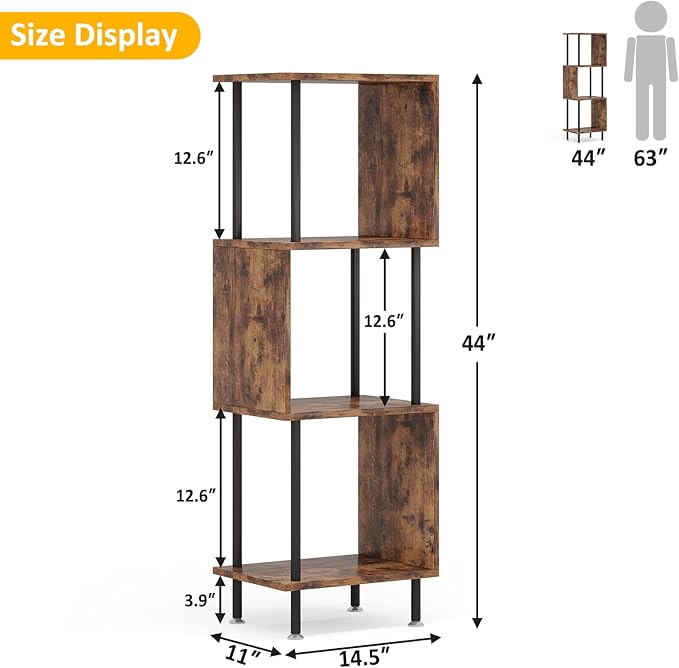 4 Tier Modern Bookshelf, S-Shaped Bookcase,Small Book Shelf for Small Spaces, Unique Bookshelf for Storage Organizer Living Room Bedroom Home Office, Brown - LeafyLoom