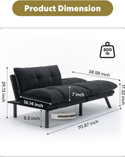 Velvet Convertible Futon Sofa Bed, 71" Comfy Loveseat Sleeper Sofa with Adjustable Backrest Armrest, Strengthen Wood, 7" Thick Padded Cushion, Small 2 Seater Couch for Living Room, Bedroom - LeafyLoom
