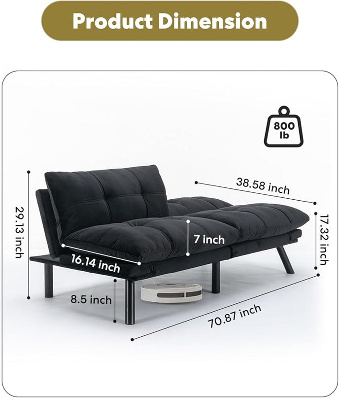 Velvet Convertible Futon Sofa Bed, 71" Comfy Loveseat Sleeper Sofa with Adjustable Backrest Armrest, Strengthen Wood, 7" Thick Padded Cushion, Small 2 Seater Couch for Living Room, Bedroom - LeafyLoom