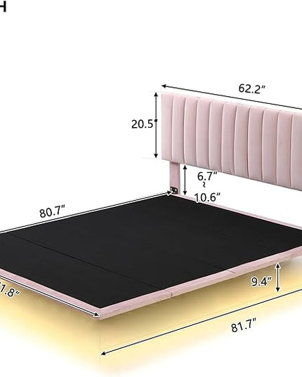 RITSU Queen Size Upholstered Floating Velvet Platform Bed with Sensor Light and Headboard, Plywood & Solid Bedframe, for Apartment Bedroom, No Need for Box Springs, Pink - LeafyLoom