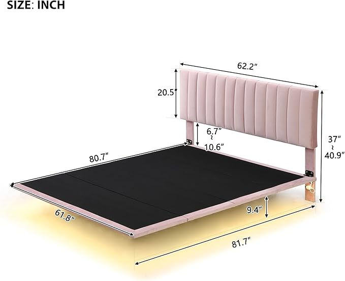 RITSU Queen Size Upholstered Floating Velvet Platform Bed with Sensor Light and Headboard, Plywood & Solid Bedframe, for Apartment Bedroom, No Need for Box Springs, Pink - LeafyLoom