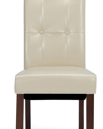 SIMPLIHOME Cosmopolitan Parson Dining Chair (Set of 2), Satin Cream Faux Leather and SOLID WOOD, Square, Upholstered, For the Dining Room, Contemporary Modern - LeafyLoom