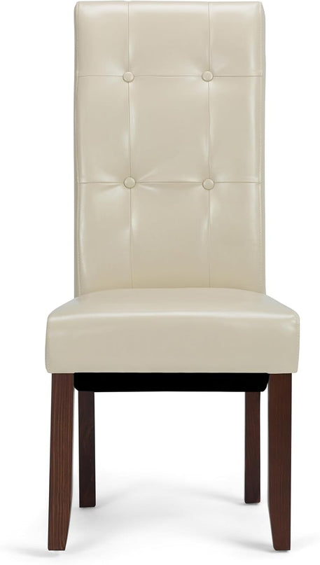 SIMPLIHOME Cosmopolitan Parson Dining Chair (Set of 2), Satin Cream Faux Leather and SOLID WOOD, Square, Upholstered, For the Dining Room, Contemporary Modern - LeafyLoom